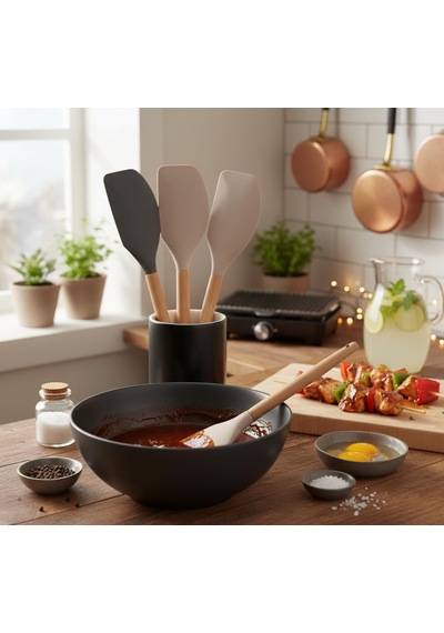 Bambu Saplı Silikon Dar Sıyırma Spatulası, Bambu Uzun Silikon Dar Spatula 27cm 3 Renk Seçenekli Siyah Çok Renkli