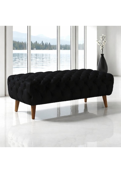 Smarto Relax Swiss Style Puf Adelboden Kapitone Puf,baby Face Polyester Kaplama,ahşap Ayaklı 100x50x45 Cm Kapitone Puf,ayaklı Siyah