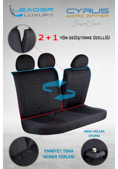 Seat Leon Reference Deri Detaylı Oto Koltuk Kılıfı Ön Arka Set Siyah Cyrus Scr