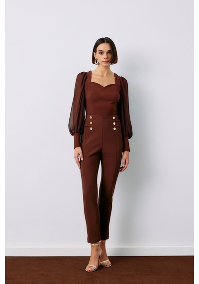 Sateen Düğme Detaylı Pantolon - Kahve-133793 Kahverengi