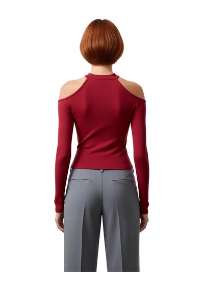Ersefa Stil Kadın Carmen Yaka Choker Detaylı Fitted Vücuda Oturan Fitill bordo