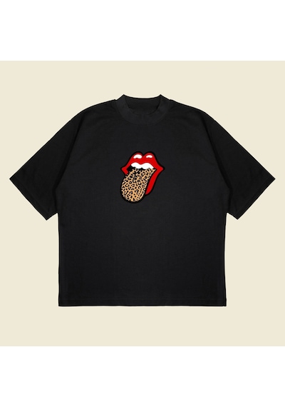 Tarzsokak Leopar Rolling Stones Baskılı Oversize Unisex Pamuklu Nefes Alan Kalın Kumaşlı Siyah Tarzsokak Leopar Rolling Stones Baskılı Oversize Unisex Pamuklu Nefes Alan Kalın Kumaşlı Siyah