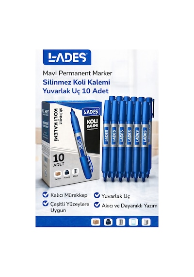Lades Mavi Permanent Marker Silinmez Koli Kalemi Yuvarlak Uç 10 Adet Açık Mavi