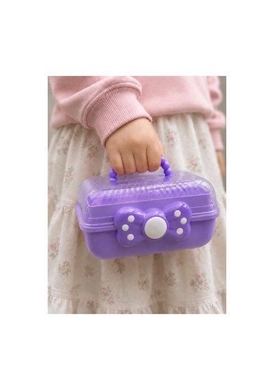 Çocuk Takı Ve Toka Organizeri Otomatik Açılır Katlı Düzenleyici Kutu 27x15x15 Cm Pembe Taşınabilir Çok Bölmeli Saklama Çantası-benekli Mor