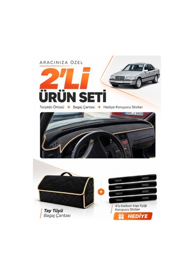 Mercedes W202 C-class 1993-2000 Uyumlu Torpido Örtüsü + Tay Tüyü Bagaj Çantası Seti - Siyah Bej