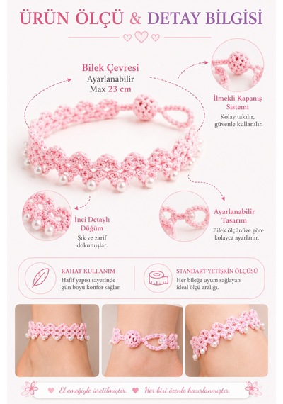 El Örgüsü Halhal Kadın Ayak Bilekliği Boncuklu İnci Renkli Gelinlik Detaylı Bohem Yazlık Ayarlanabilir Halhal Pembe