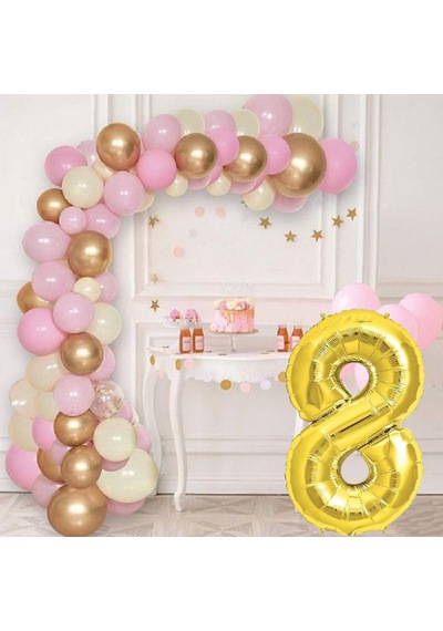 8 Yaş Krom Gold Pastel Pembe Ve Beyaz Balon Seti Gold Rakamlı Doğum Günü Balonu Şık Parti Süsleme Çok Renkli
