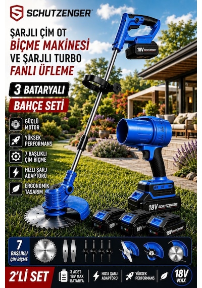 Schutzenger 846RN 3 Batarya Şarjlı Çim Biçme Tırpan Makinesi 7 Başlık Ve Şajlı Turbo Fanlı Üfleme Makinesi Mavi Set