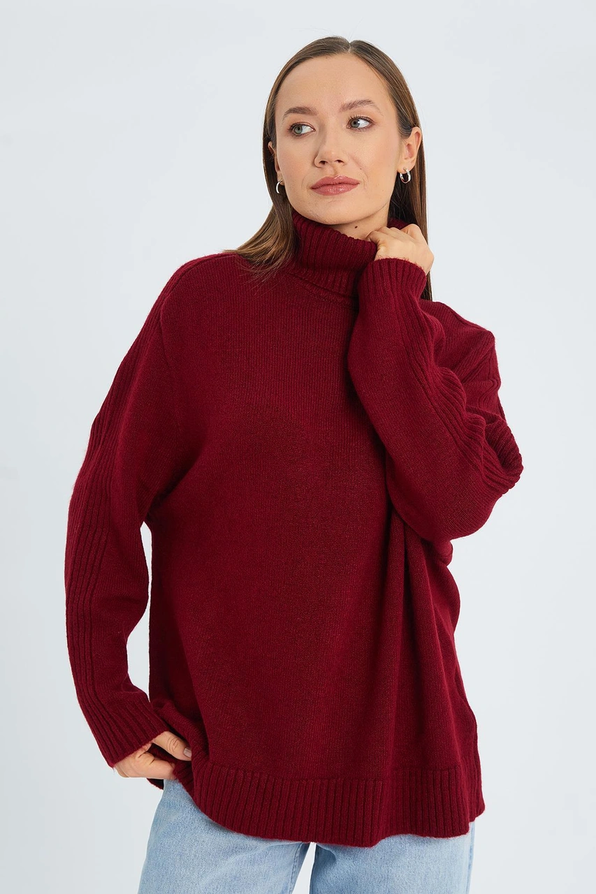Mixray 6907 Kadın Fitil Detaylı Triko Kazak Bordo