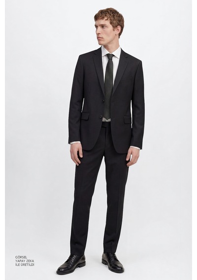 AC&Co / Altınyıldız Classics  Erkek Sıyah Slim Fit Dar Kesim Mono Yaka Takım Elbise Siyah