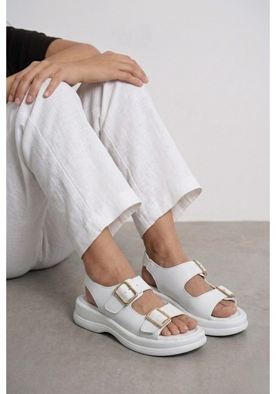 Giamgia Store Kadın Beyaz İki Bantlı Kalın Taban Rahat Günlük Sandalet-2356