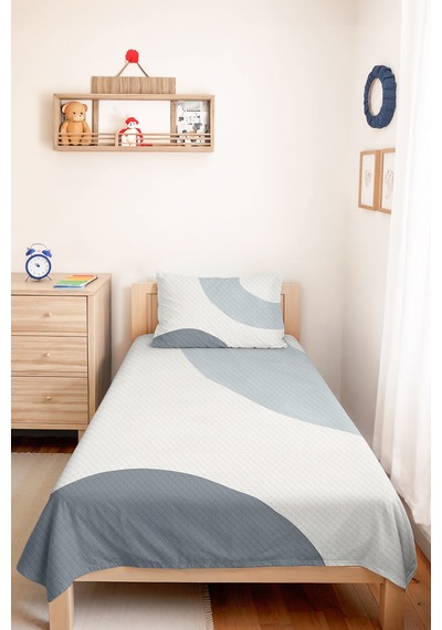 Mavi Geometrik Modern Genç Odası Tek Kişilik Pike Takımı - Gri Minimal 160x220 Cm Yatak Örtüsü Beyaz