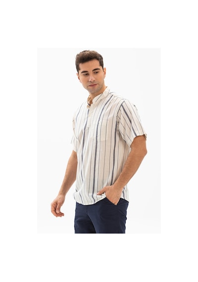 Kısa Kol Şile Bezi Tek Cepli Hakim Yaka Erkek Yazlık Tshirt Ekru Gri Çizgili 3028 Ekru Gri Çizgili Ekru - Gri