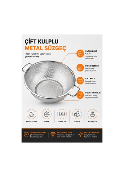 Paslanmaz Çelik Makarna Süzgeci 24 Cm Çift Kulplu Metal Sebze Meyve Yıkama Ve Süzme Kevgiri Gri