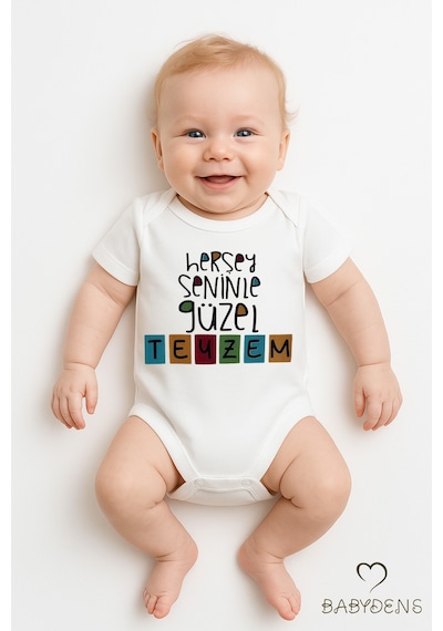 Babyden's Her Şey Seninle Güzel Teyzem Yazılı Bebek Body Çıtçıtlı Zıbın %100 Pamuk Unisex Kısa Kollu Beyaz