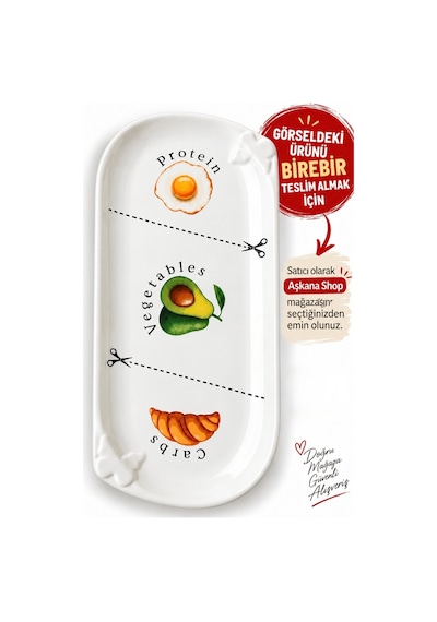Porsiyon Kontrol Diyet Tabağı 34 Cm Protein Sebze Karbonhidrat Desenli Seramik Sağlıklı Beslenme Servis Tabağı Beyaz