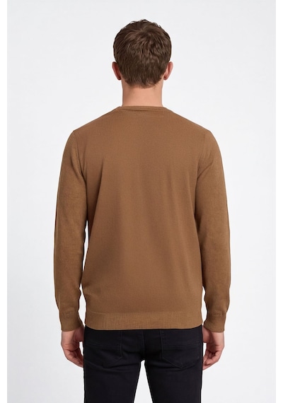 Sabri Özel Erkek Camel Normal Kesim Regular Fit Yünlü Standart Boy Dokuma Triko Kazak