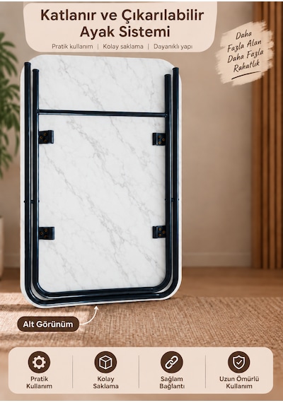 Katlanır Masa 60x90 Cm Yemek Masası Balkon Masası Beyaz Mermer