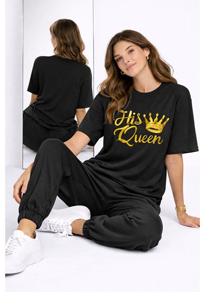 King Queen Sevgili Kombini Oversize Çift Tişört Unisex Partner Ko Siyah