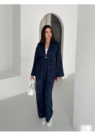Kadın Simli Uzun Kol Modal Kumaş Kimono Pantolon İkili Takım Şık Ve Rahat Kadın Takım Lacivert Kadın Simli Uzun Kol Modal Kumaş Kimono Pantolon İkili Takım Şık Ve Rahat Kadın Takım Lacivert