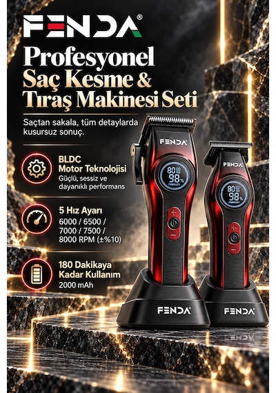 Fenda Profesyonel Şarjlı Bldc Motor 8000 Rpm 2'li Tıraş Makinesi Seti Kırmızı