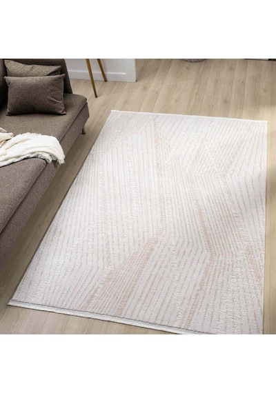 Bej Ton Sür Ton Kabartmalı Zikzak Çizgili Halı - Mk0558bjl