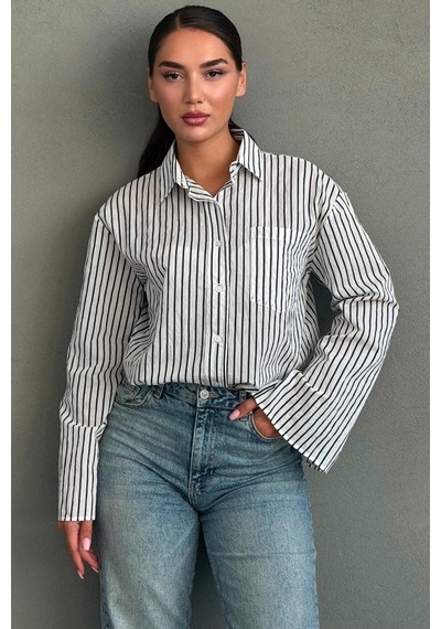 Madmext Beyaz Çizgili Sendy Kumaş Kadın Gömlek Mg2834