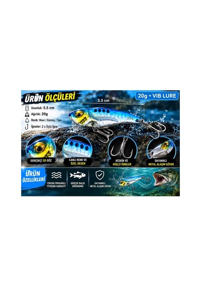 20 Gr 5 5 Cm Titreşimli Vıb At Çek Yemi Mavi Gümüş Renkli Metal Gövdeli 3d Gözlü Keskin Üçlü