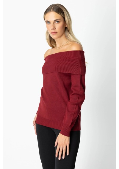 On Fashion Kadın Omzu Açık Bordo Kazak 65380 Bordo