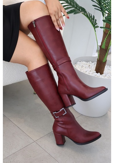 Asmi Shoes Kadın Lamor Bordo 7 Cm Topuklu Tokalı Yandan Fermuarlı Diz Altı Çizme 410