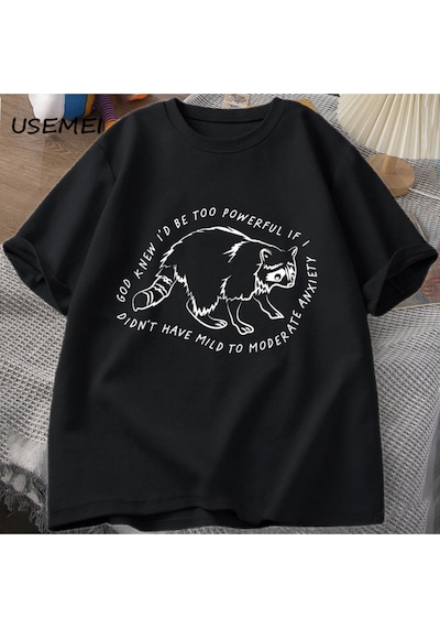 Flood Of Style Tanrı Biliyor Çok Güçlü Olur Rakun Tişörtleri Komik T-shirt Hayvan Baskılı T-shir Siyah