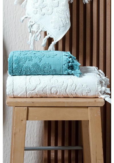 Kumsal 4'lü Hamam Seti %100 Pamuk 2 Adet 70x140 Beden, 2 Adet 50x90 El, Yüz, Saç Havlu , 1250gr Krem - Mavi