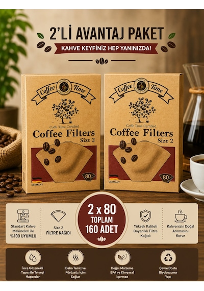 Kahve Filtre Kağıdı No:2 80'li 2'li Paket Kahverengi