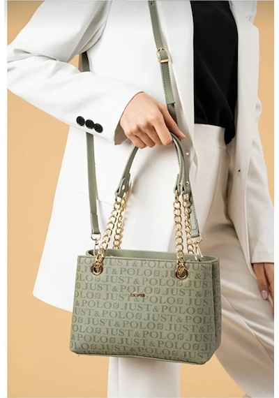 Just Polo Orijinal Kadın 3 Bölmeli Zincir Detaylı Ayarlanabilir Askılı Lüks El & Omuz Çantası Shoulder Bag Yeşil