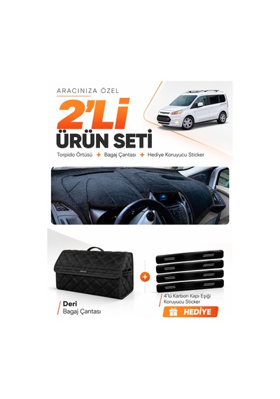 Ford Tourneo Connect 2013-2020 Uyumlu Torpido Örtüsü + Deri Bagaj Çantası + Sticker Seti - Siyah
