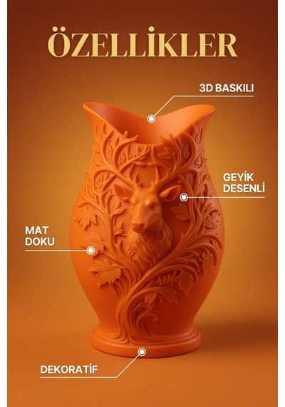 3d Baskılı Geyik Desenli Dekoratif Vazo 15 Cm Turuncu