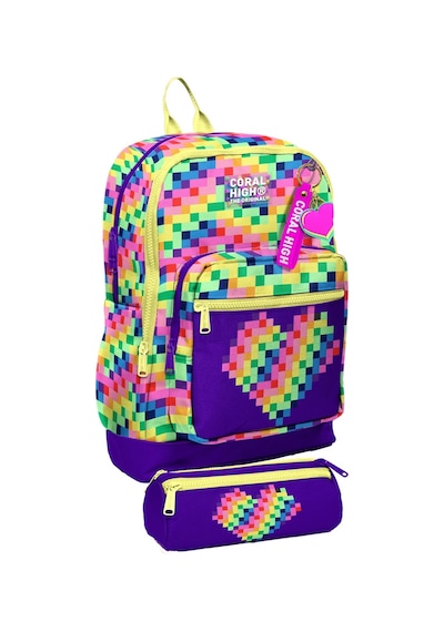 Coral High Okul Sırt Çantası Ve Kalemlik Seti - Mor Piksel Kalp Desenli Kız Çocuk Setygn33208c Çok Renkli