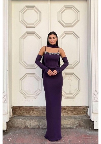 Lior Design Kadın Modern Tasarım Scuba Esnek Kumaş Straplez Balık Kesim Abiye Elbise Mor