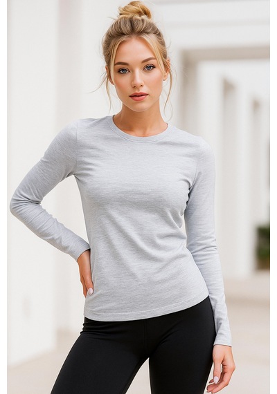 Kadın Grimelanj Bisiklet Yaka Uzun Kollu Body Gri Melanj