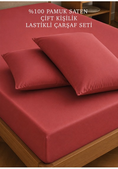 Bella Maison %100 Pamuk Saten Çift Kişilik Lastikli Çarşaf Seti Bordo 160x200x35 Cm Bordo