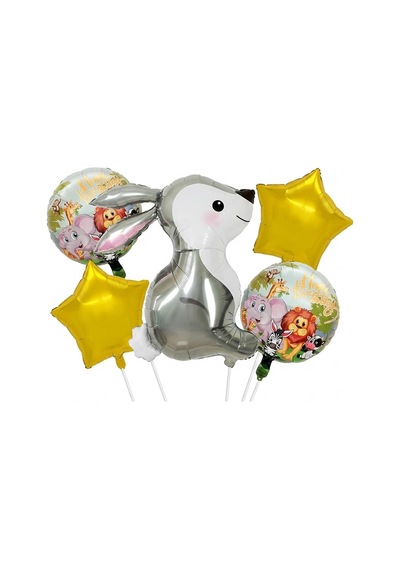 5 Li Tavşan Temalı Happy Birthday Folyo Balon Seti Safari Ve Orman Konseptli Parti Süsü Çok Renkli
