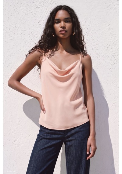 Sateen Askılı Degaje Yaka Bluz - Pudra-137668