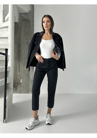 Blue Marlin Pileli Kuşaklı Mom Jeans Siyah