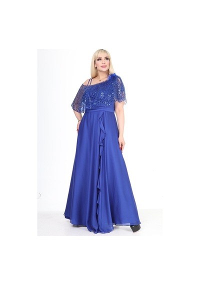 Ladies First Büyük Beden 3858 Saks Uzun Abiye Elbise 001