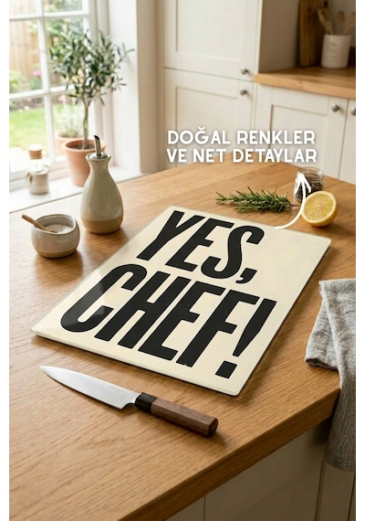 Yes, Chef Desenli Cam Kesim Tahtası - 25x35cm -dayanıklı Ve Pratik Kesim Matı Krem