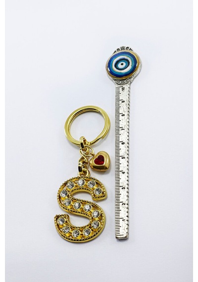 Kırmızı Parlak Kalpli Gold Renkli Kristal Taşlı Metal S Harfi Ana