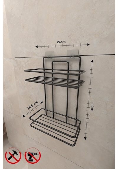 Alper Banyo Siyah 3 Raflı Düz Banyo Şampuanlığı, Yapışkanlı
