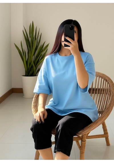 Düz Oversize Unisex Tişört Yb6 Mavi