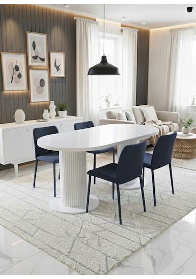 Oslo 180x90x74cm 36mm Kalın Kenarlı Oval Beyaz Sütunlu Yemek Masası Sandalye Yok Sadece Masadır Beyaz