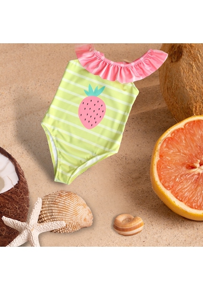Lolliboomkids Kız Çocuk Çilek Desen Fırfır Yaka Yeşil Çizgili Pembe Detaylı Mayo Yeni Sezon Pembe - Su Yeşili